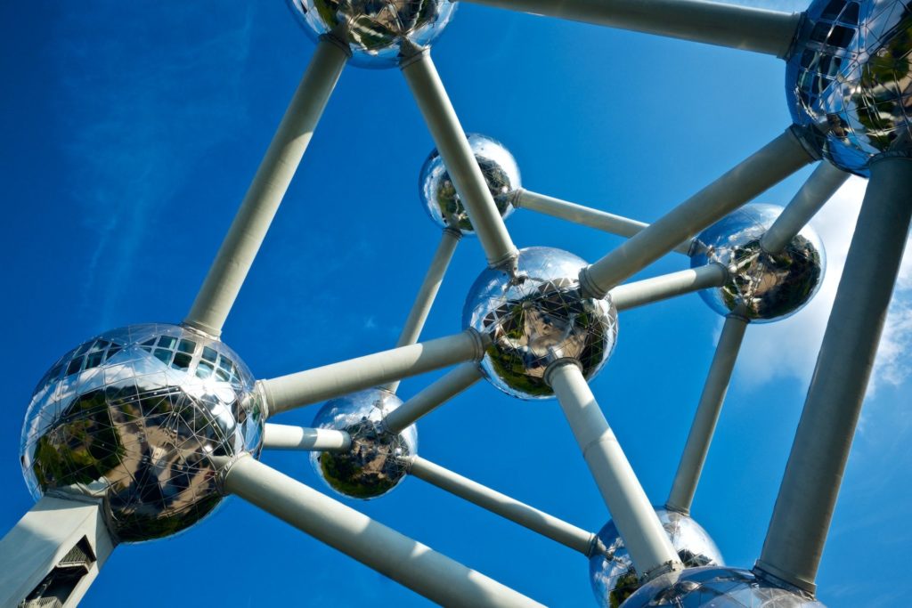 A low angle of the Atomium landmark in Brussels, Belgium