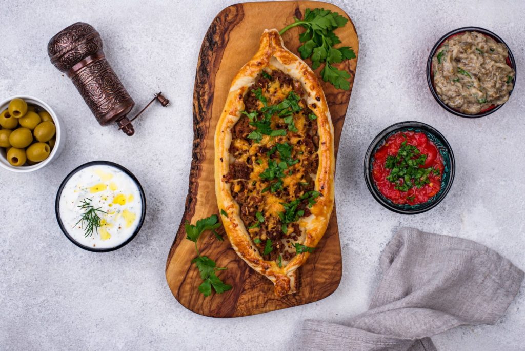 Traditional Turkish pide with meat
