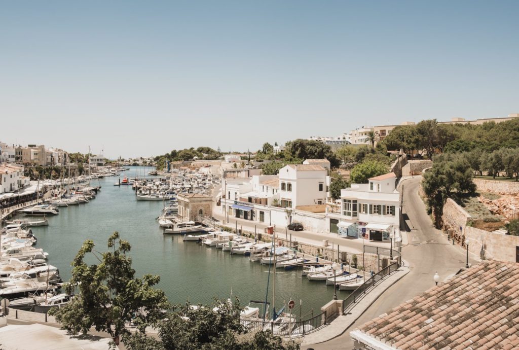 Elevated view of boats and harbour, Ciutadella, Menorca, Spain