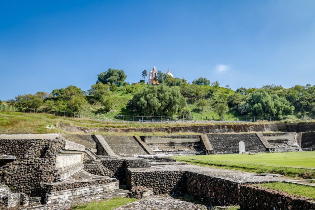 Ruins of Cholula pyramid with Church of Our Lady of Remedies - Cholula, Puebla, Mexico