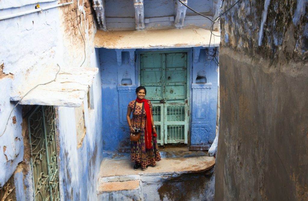 Indian woman traveler explore in heart of Jodhpur as know as Blue City, Jodhpur, Rajasthan , India.