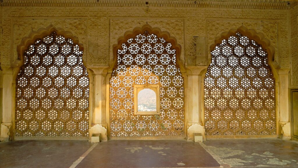 Closeup shot of Amber Fort site as part of Hill Forts of Rajastan group in India