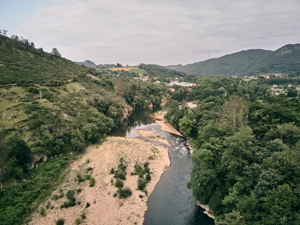 river with little water among the forest trees and vegetation on a cloudy day, asturias, spain