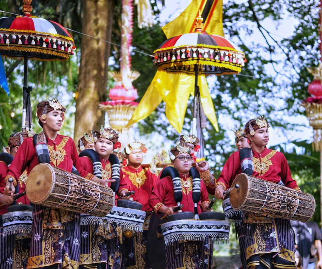 vibrant balinese parade with traditional drummers